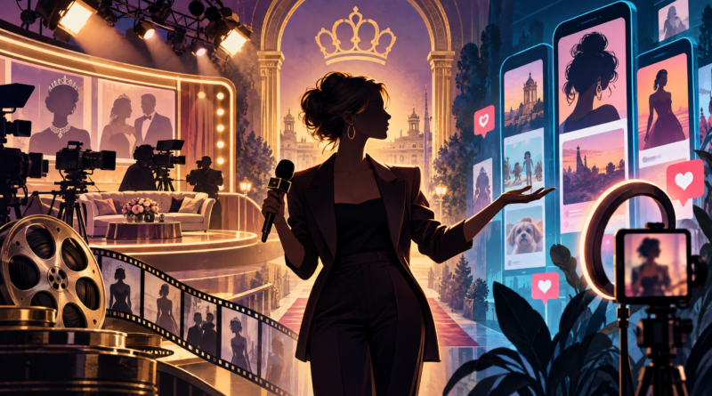 Ilustración editorial de una presentadora en un estudio, con referencias a la televisión, la realeza, la cultura pop y las redes sociales.